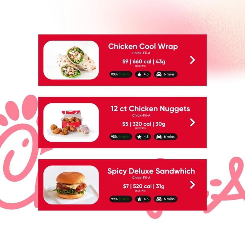 Three high-protein menu options from Chick-fil-A — grilled nuggets, Cool Wrap, and salad