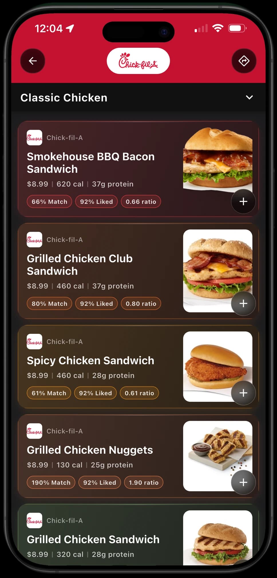 Eatery app menu feed for Chick-fil-A — each meal card shows price, calories, and protein plus a match score, like percentage, and price-to-protein ratio