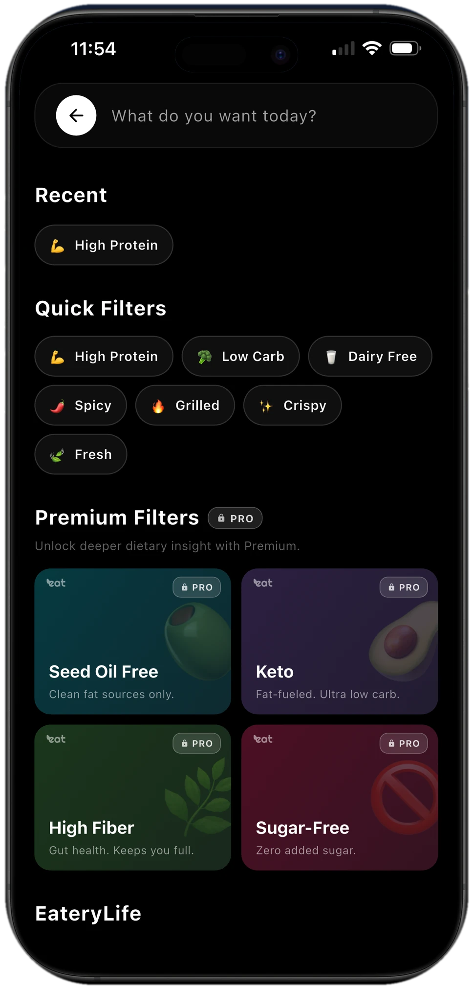 Eatery app filters screen — quick filters like High Protein, Low Carb, and Dairy Free, plus premium filters like Keto and Sugar-Free