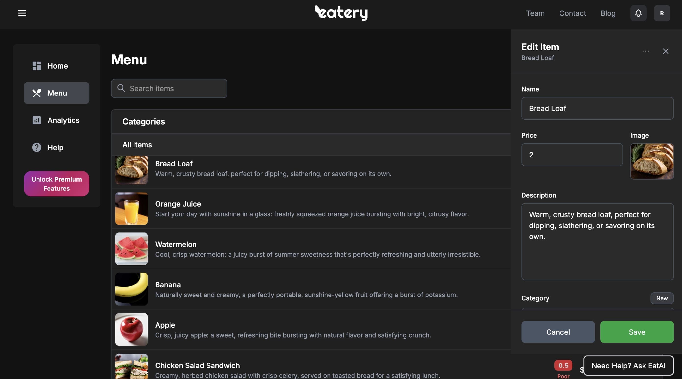 Eatery for Restaurants Dashboard — EatAI meal builder interface