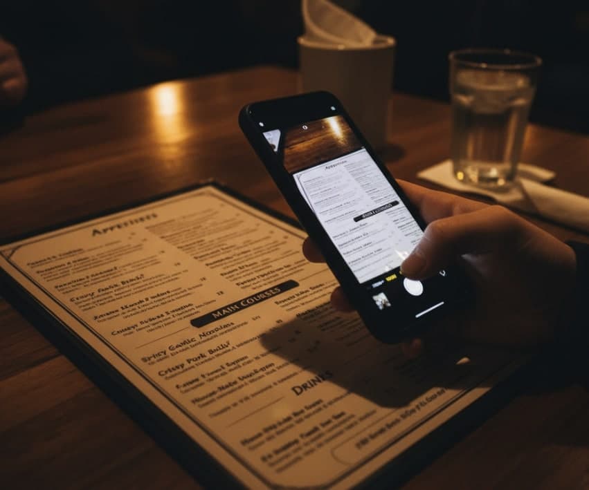 Taking a photo of a restaurant menu with EatAI Capture