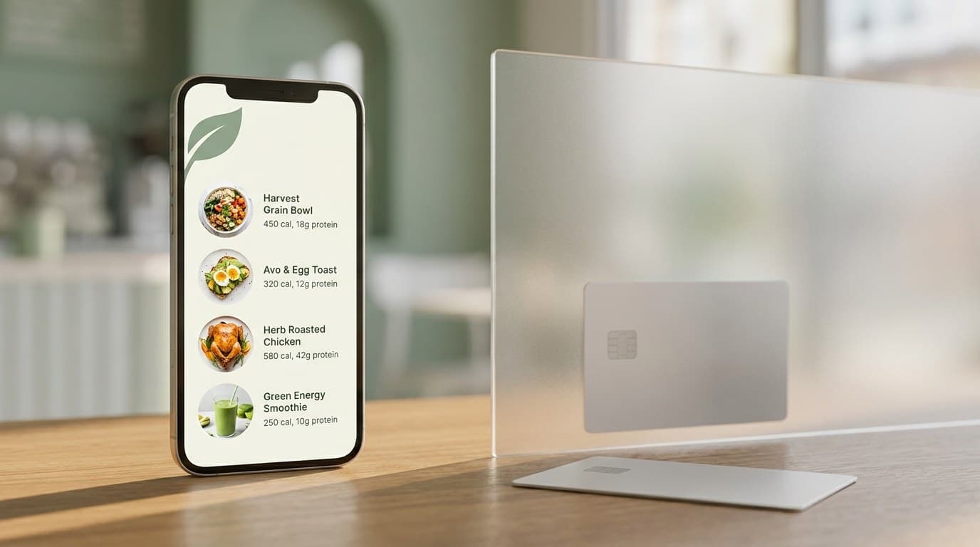 A phone showing a restaurant menu with calories and protein, next to a credit card behind frosted glass