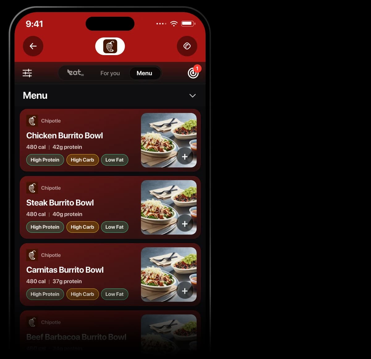 Eatery app with the Goal Mode protein filter set to High (21g+) and a Chipotle Double Chicken Burrito Bowl meal card: 670 calories, 74g protein