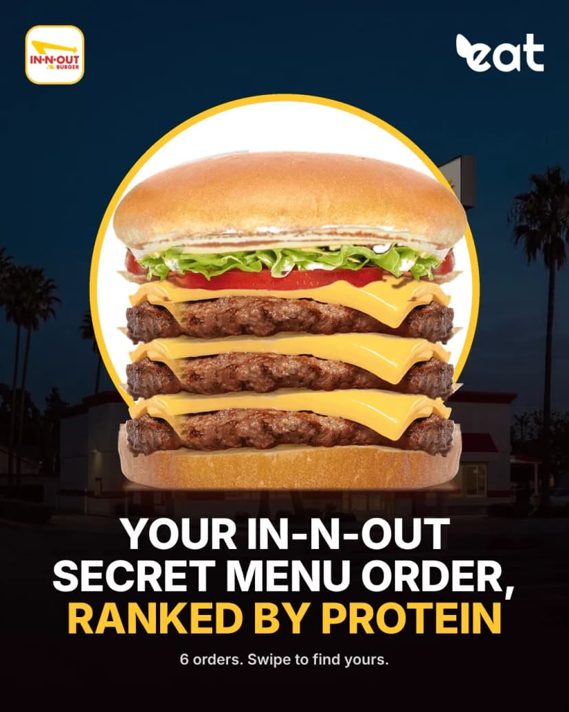 In-N-Out secret menu burger with three patties and three slices of cheese, titled Your In-N-Out secret menu order, ranked by protein