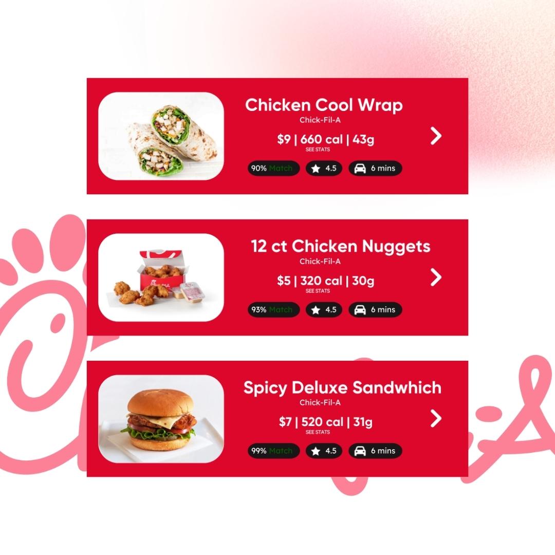 Three protein packed meals from Chick-fil-A: Chicken Cool Wrap, 12ct Chicken Nuggets, Spicy Deluxe Sandwich