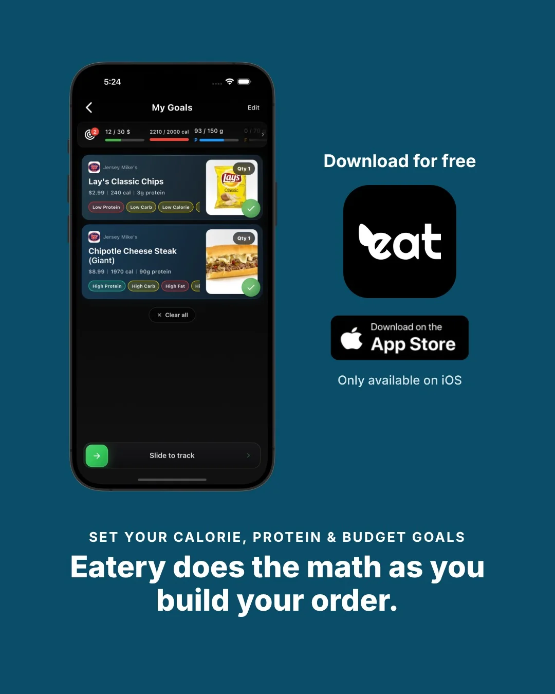 Eatery app goals screen: set calorie, protein and budget goals and Eatery does the math as you build your order