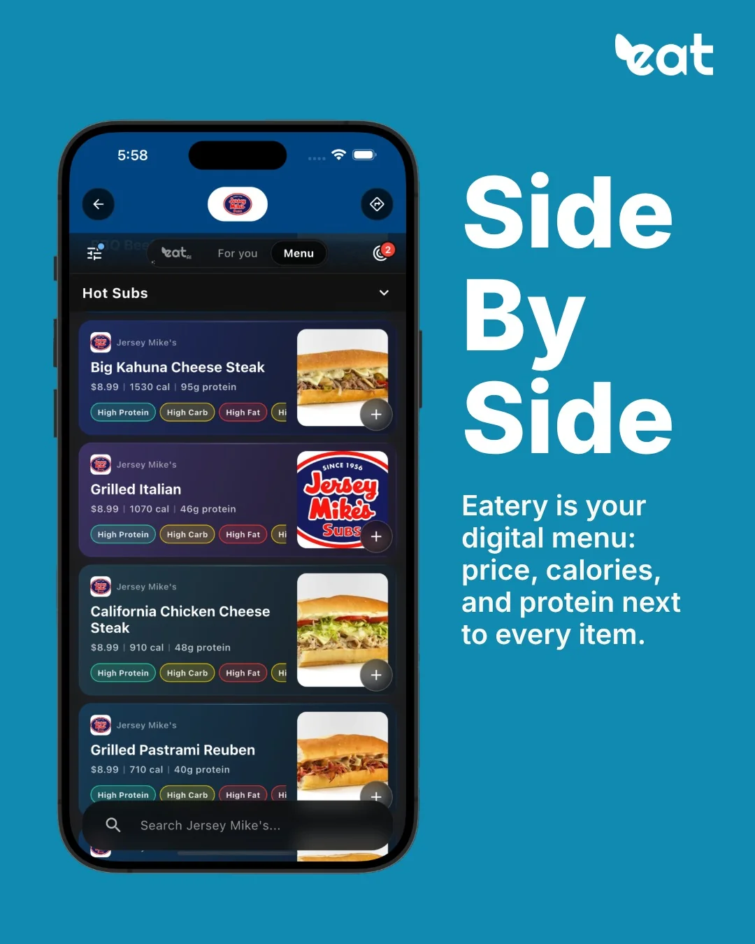 Eatery app digital menu showing price, calories, and protein next to every item at Jersey Mike's