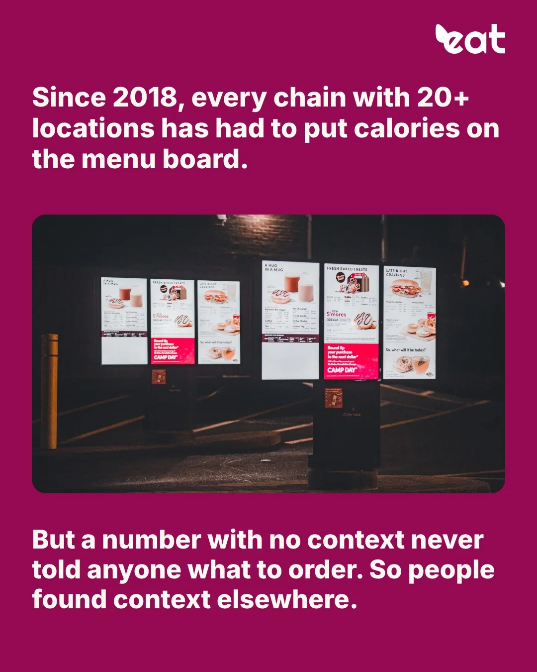 Since 2018, every US chain with 20+ locations has had to post calories on the menu board