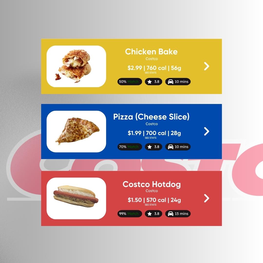 High protein Costco options: Chicken Bake, Pizza Slice, Hotdog