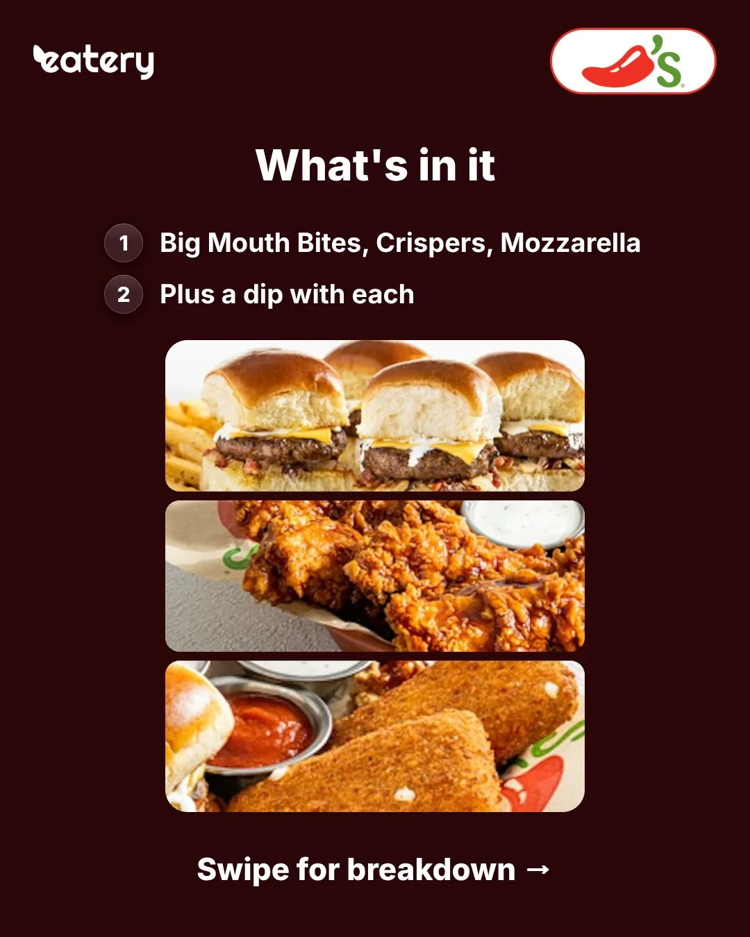 What's in a Chili's Triple Dipper: Big Mouth Bites, Crispers, Fried Mozzarella, each with a dip