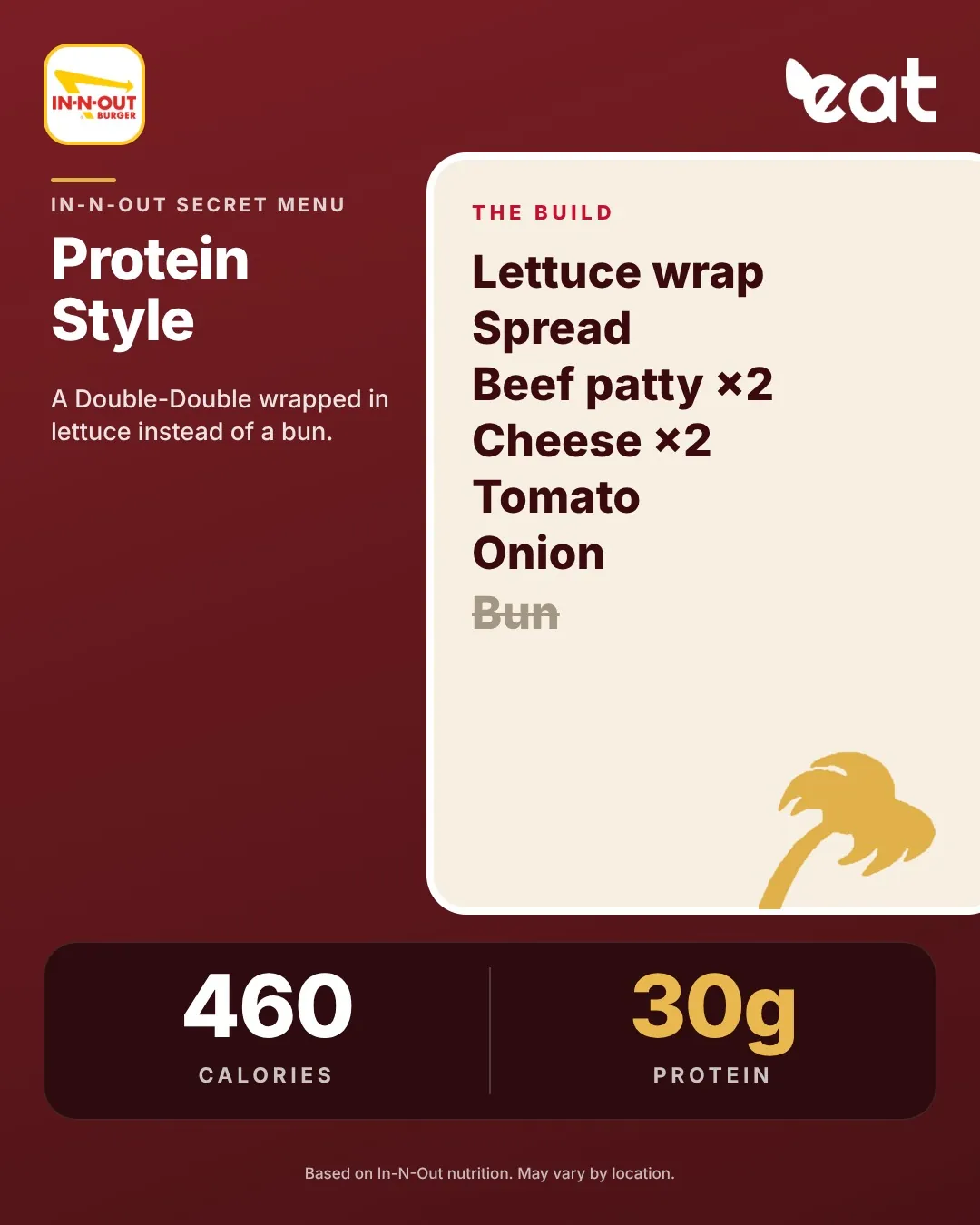 In-N-Out Double-Double Protein Style wrapped in lettuce instead of a bun, 460 calories and 30g protein (official In-N-Out)