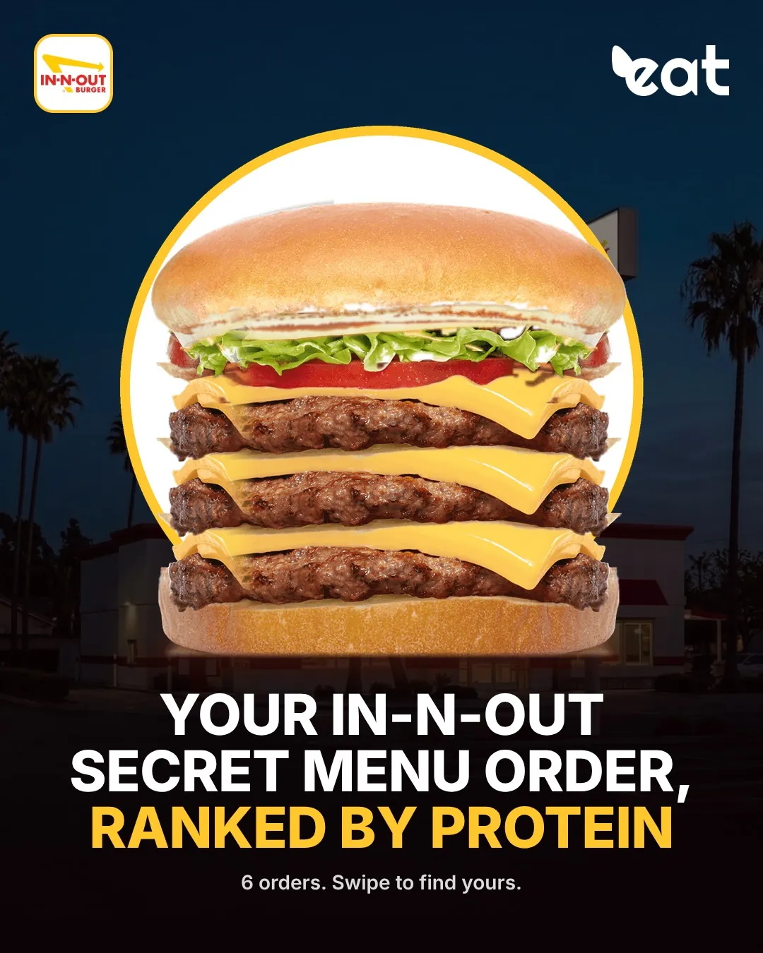 In-N-Out secret menu burger with three patties and three slices of cheese, titled Your In-N-Out secret menu order, ranked by protein
